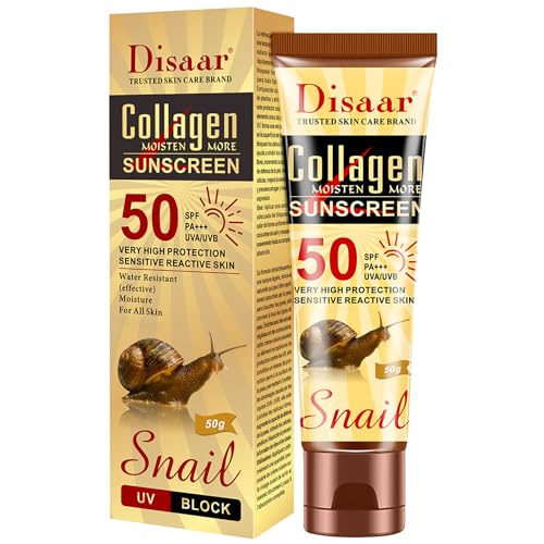 DISAAR BEAUTY Collagen Snail Extract Sunscreen 50 SPF PA+++ UVA/UVB Hight Protection Sensetive Skin Water Resistant Moisture 50g / 1.76oz