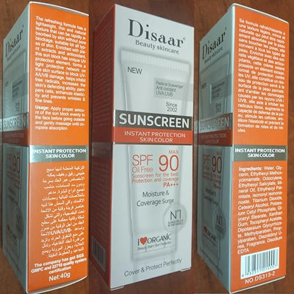 DISAAR BEAUTY SPF 90 Sunscreen Instant Protection UVA UVB Foundation PA+++ Oil Free Sunblock Cover Protect Perfectly Moisturizing Coverage Surge 40g