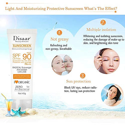 DISAAR BEAUTY SPF 90 Sunscreen Instant Protection UVA UVB Foundation PA+++ Oil Free Sunblock Cover Protect Perfectly Moisturizing Coverage Surge 40g