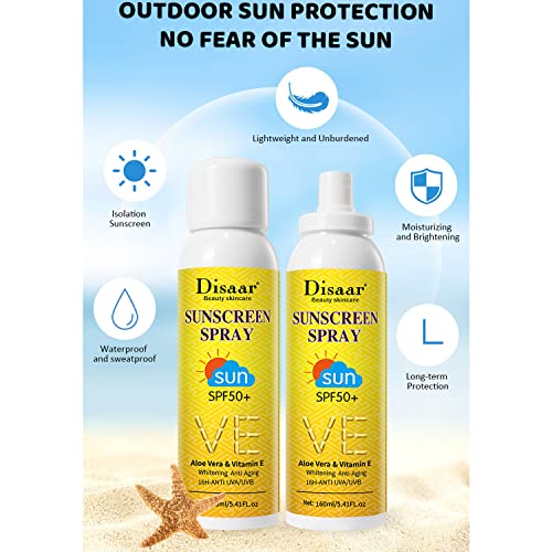 DISAAR BEAUTY Sunscreen Spray SPF50+ Aloe Vera & Vitamin E Moisturizing Anti-Aging 16H - Anti UVA/UVB Skin Protection 160ml / 5.41fl.oz