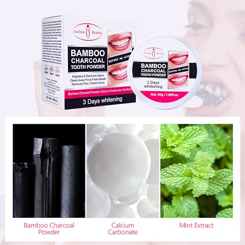 AICHUN BEAUTY Bamboo Charcoal Tooth Powder 3 Days Whitening Fresh Breath Mint Extract Removes Stains 50g/1.69fl.oz