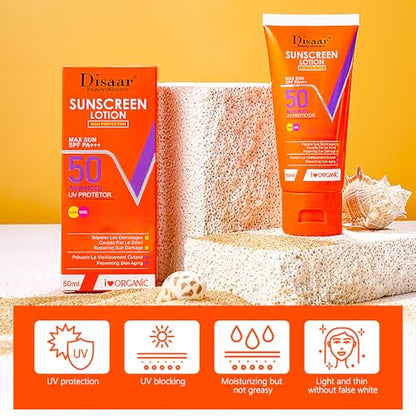 DISAAR BEAUTY Lemon Extract Sunscreen Lotion High Advanced Protection SPF 50 PA+++ UVA/UVB Repair Vitamin C Hydrate Skin 50ml / 1.69fl.oz