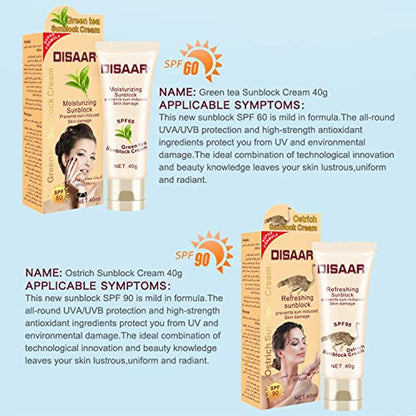 DISAAR BEAUTY Sunblock Cream Refreshing Sunscreen Face Neck Arms Skin Damage SPF 60/90 PA++ UVA/UVB Protection 40ml/1.35fl.oz (SPF 90 Ostrich Sunblock Cream)