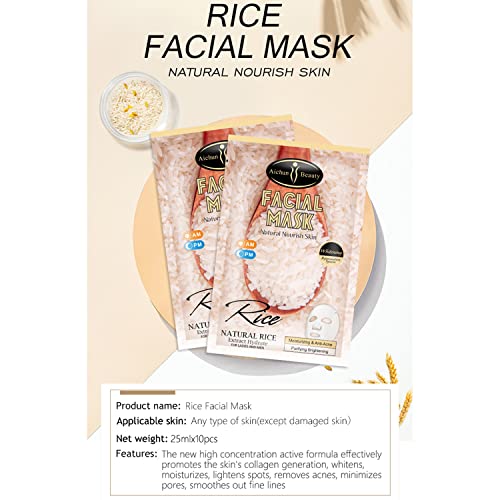 AICHUN BEAUTY Natural Rice Extract Hydrate Facial Mask Moisturizing Anti-Acne Purifying Refine Wrinkles 25ml/0.84fl.oz (10 PACK)