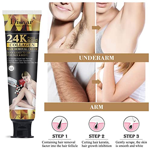 DISAAR BEAUTY Hair Removal Cream 24k Gold Essence Collagen Argan Oil 3 Minutes Quick & Easy To Use Face Body Legs Depilating Moisturizing 100ml/3.38fl.oz