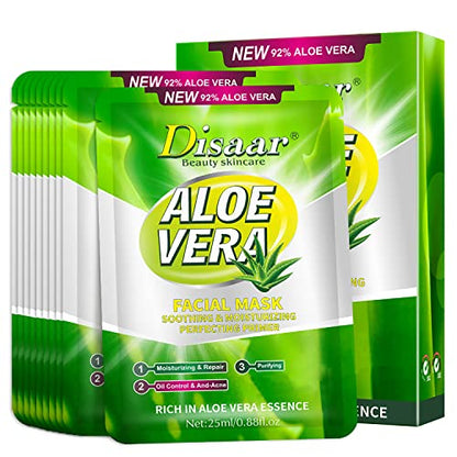 DISAAR Beauty Aloe Vera Facial Mask Soothing Essence Moisturizing Face Repair Oil Control Anti-Acne Purifying 25ml/0.88fl.oz (10 Pack)