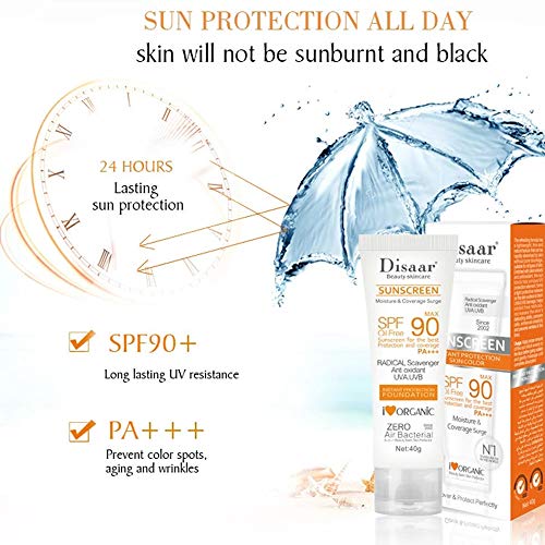 DISAAR BEAUTY SPF 90 Sunscreen Instant Protection UVA UVB Foundation PA+++ Oil Free Sunblock Cover Protect Perfectly Moisturizing Coverage Surge 40g