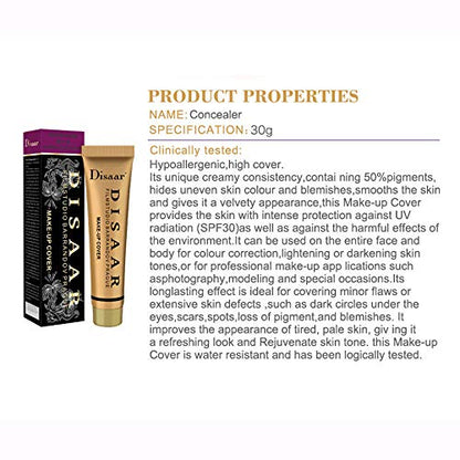 DISAAR BEAUTY Foundation Make-Up Cover Creamy Concealer Waterproof SPF30 Hypoallergenic Whitening 30g