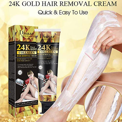 DISAAR BEAUTY Hair Removal Cream 24k Gold Essence Collagen Argan Oil 3 Minutes Quick & Easy To Use Face Body Legs Depilating Moisturizing 100ml/3.38fl.oz