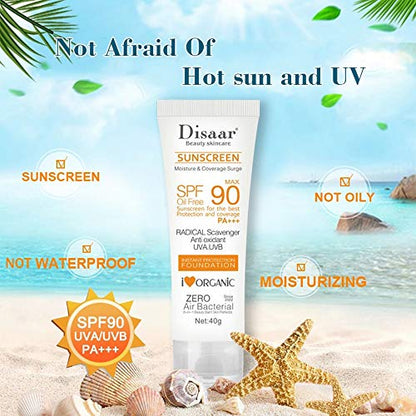 DISAAR BEAUTY SPF 90 Sunscreen Instant Protection UVA UVB Foundation PA+++ Oil Free Sunblock Cover Protect Perfectly Moisturizing Coverage Surge 40g