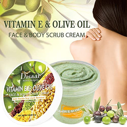 DISAAR BEAUTY Vitamin E Olive Oil Face Body Neck Scrub Cream Anti-Freckle Scar Mark Removal 300ml/10.58fl.oz