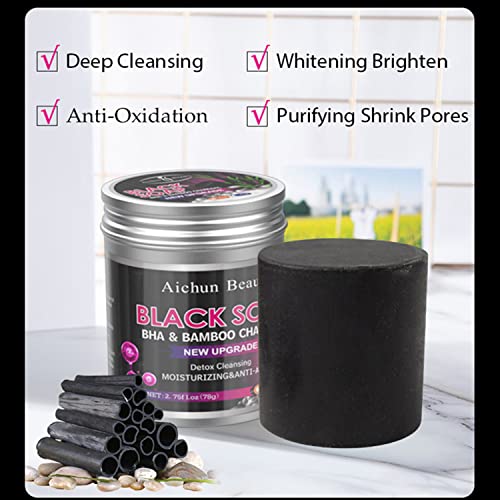 AICHUN BEAUTY Black Soap BHA Bamboo Charcoal Detox Cleansing Moisturizing Anti-Acne PH Balance Oily Breakout Skin 78g/2.75fl.oz