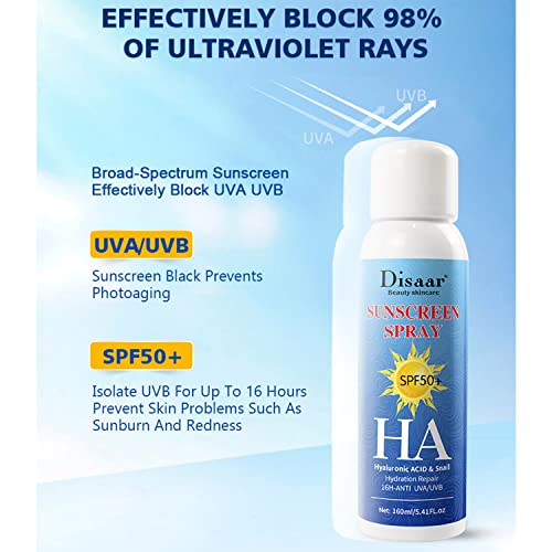 DISAAR BEAUTY Sunscreen Spray SPF50+ HA Hyaluronic Acid Snail Hydration Repair UVA/UVB 160ml/5.41oz