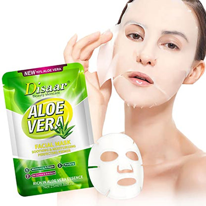 DISAAR Beauty Aloe Vera Facial Mask Soothing Essence Moisturizing Face Repair Oil Control Anti-Acne Purifying 25ml/0.88fl.oz (10 Pack)