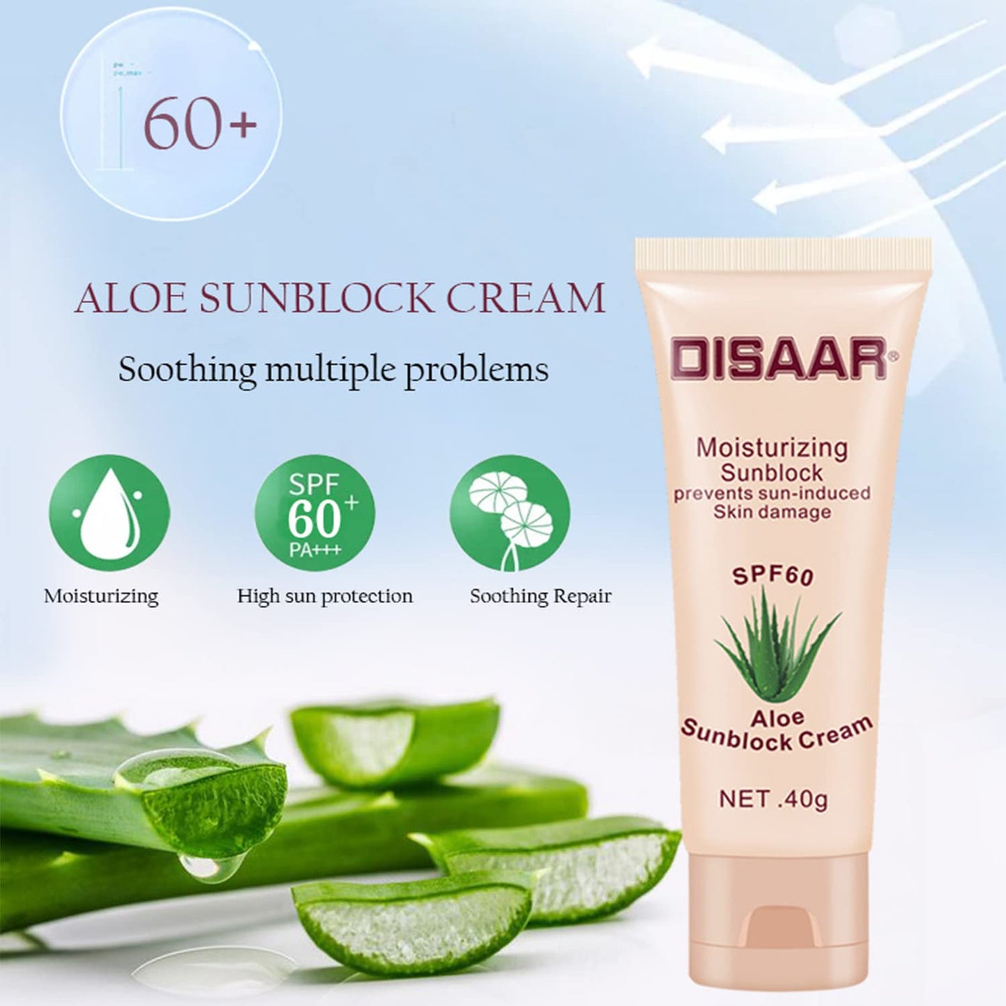 DISAAR BEAUTY Sunblock Cream Refreshing Sunscreen Face Neck Arms Skin Damage SPF 60/90 PA++ UVA/UVB Protection 40ml/1.35fl.oz (SPF 60 Aloe Vera Sunblock Cream)