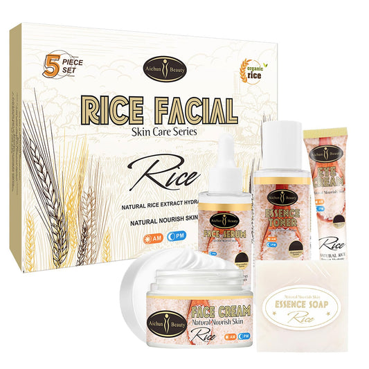 AICHUN BEAUTY Organic Rice Facial Skin Care Set Hydrate Rejuvenating Essence Soap Toner Face Serum Eye Cream Gift Box 100g+100ml+40ml+50ml+25ml 5PCS