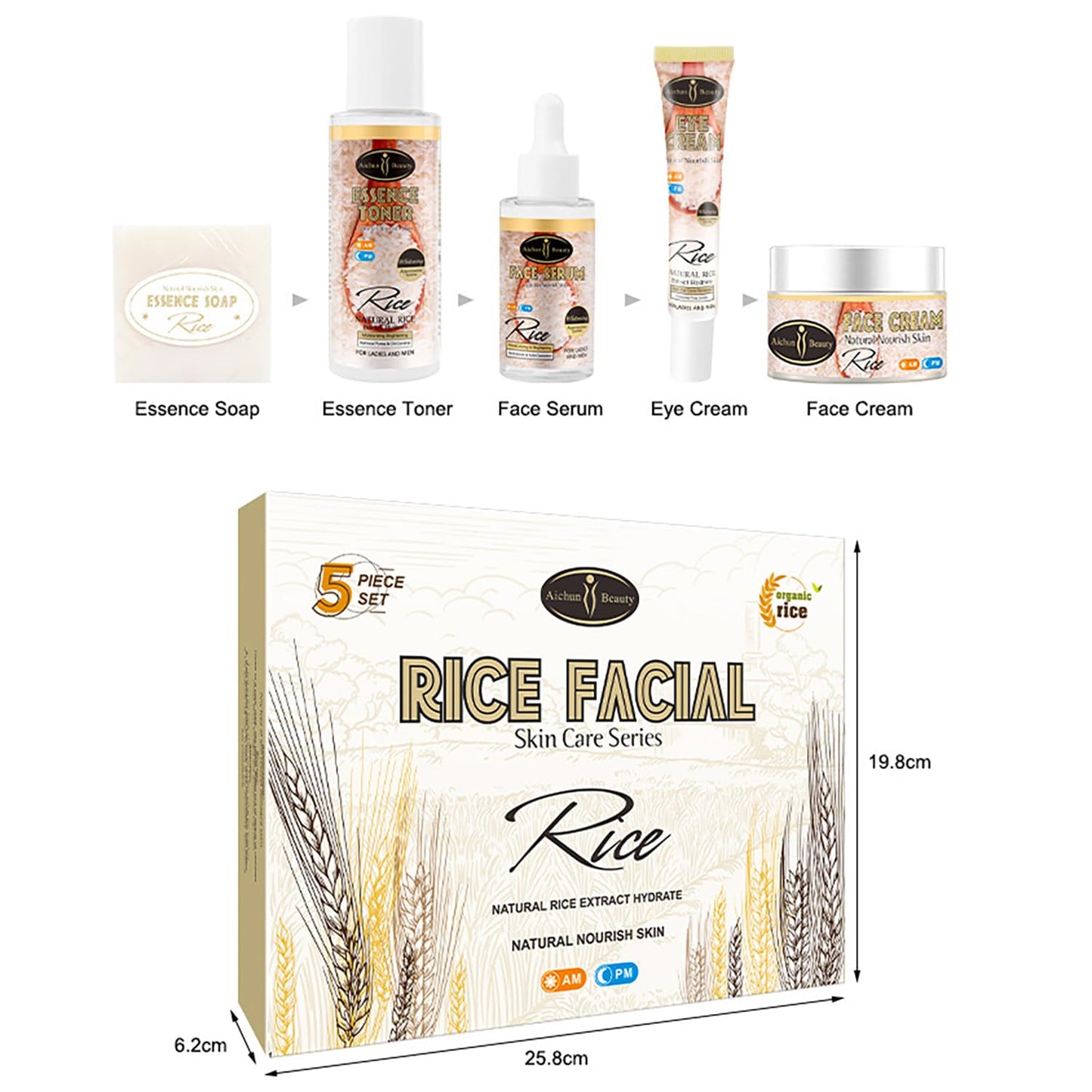AICHUN BEAUTY Organic Rice Facial Skin Care Set Hydrate Rejuvenating Essence Soap Toner Face Serum Eye Cream Gift Box 100g+100ml+40ml+50ml+25ml 5PCS