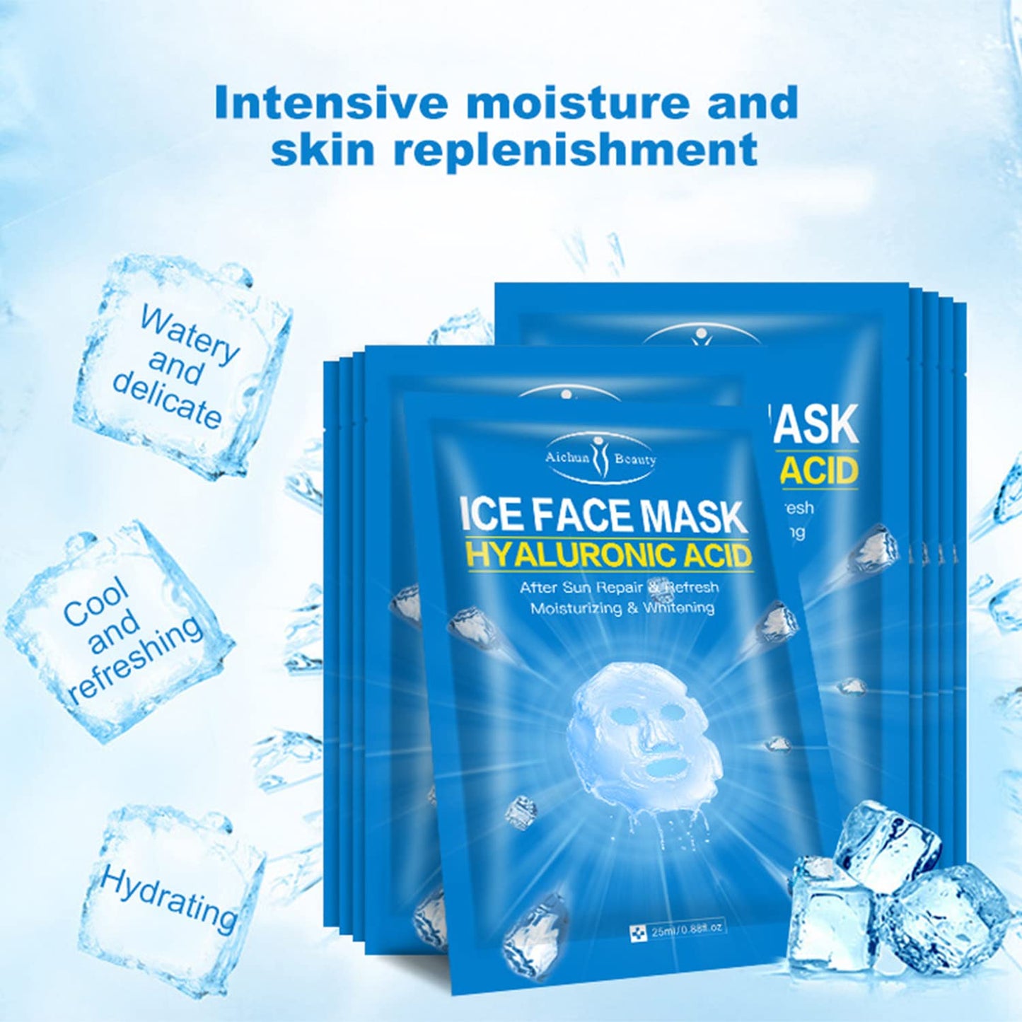 AICHUN BEAUTY Ice Face Mask Hyaluronic Acid After Sun Repair Refresh Moisturizing Relieves Pain Acne Scars Facial Skin Care 25ml / 0.88fl.oz (10 Pack)