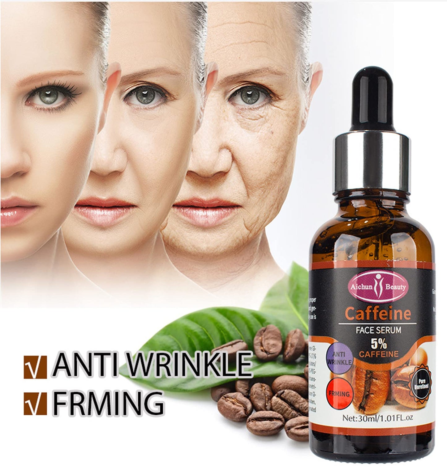 Aichun Beauty 5% Caffeine Face Serum Moisturizing Anti-Wrinkle Firming Facial Repair Damaged Skin Care 30ml