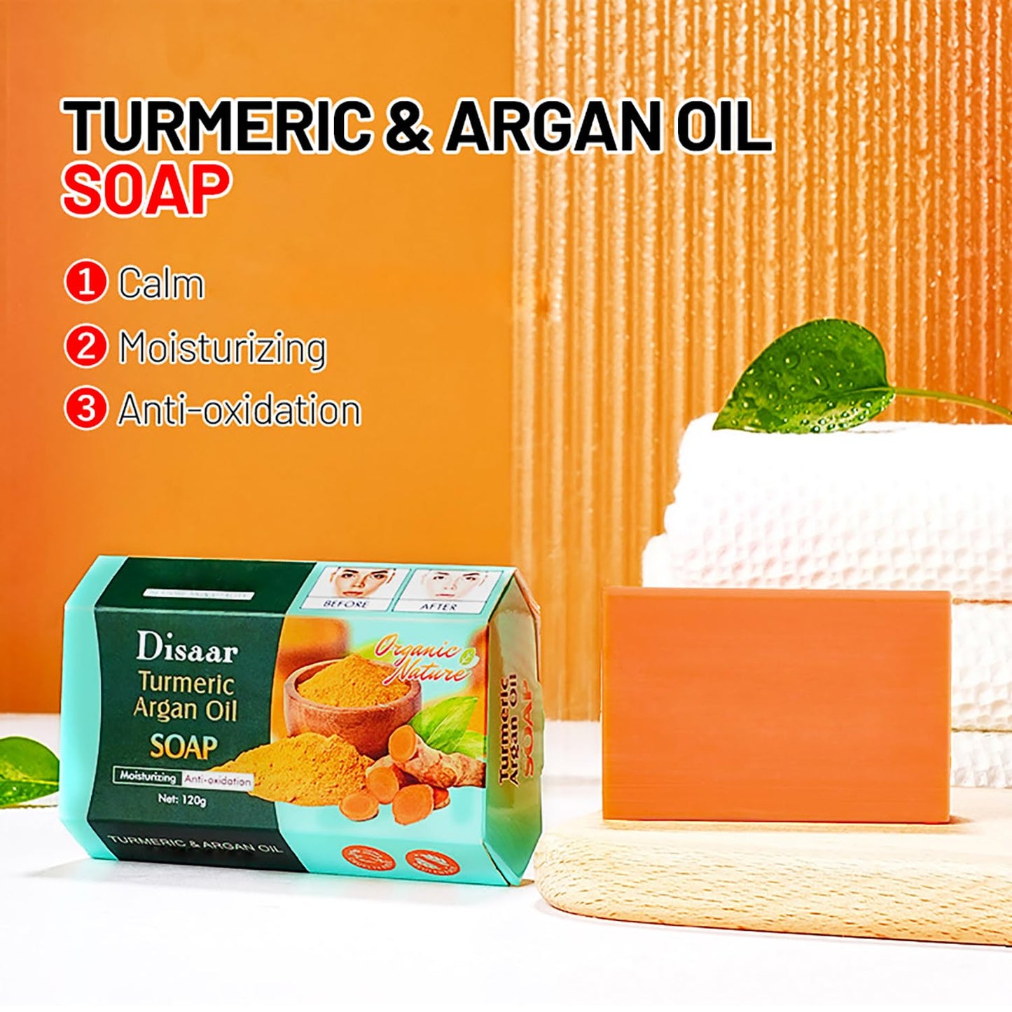 DISAAR Beauty Turmeric Argan Oil Face Body Soap Moisturizing Anti-Oxidation Calm Cleanse Pores Repair Skin 120g / 4.2fl.oz