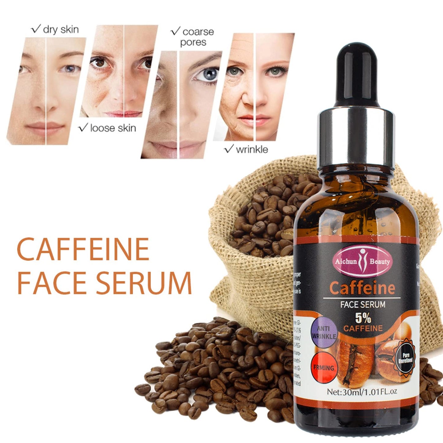 Aichun Beauty 5% Caffeine Face Serum Moisturizing Anti-Wrinkle Firming Facial Repair Damaged Skin Care 30ml