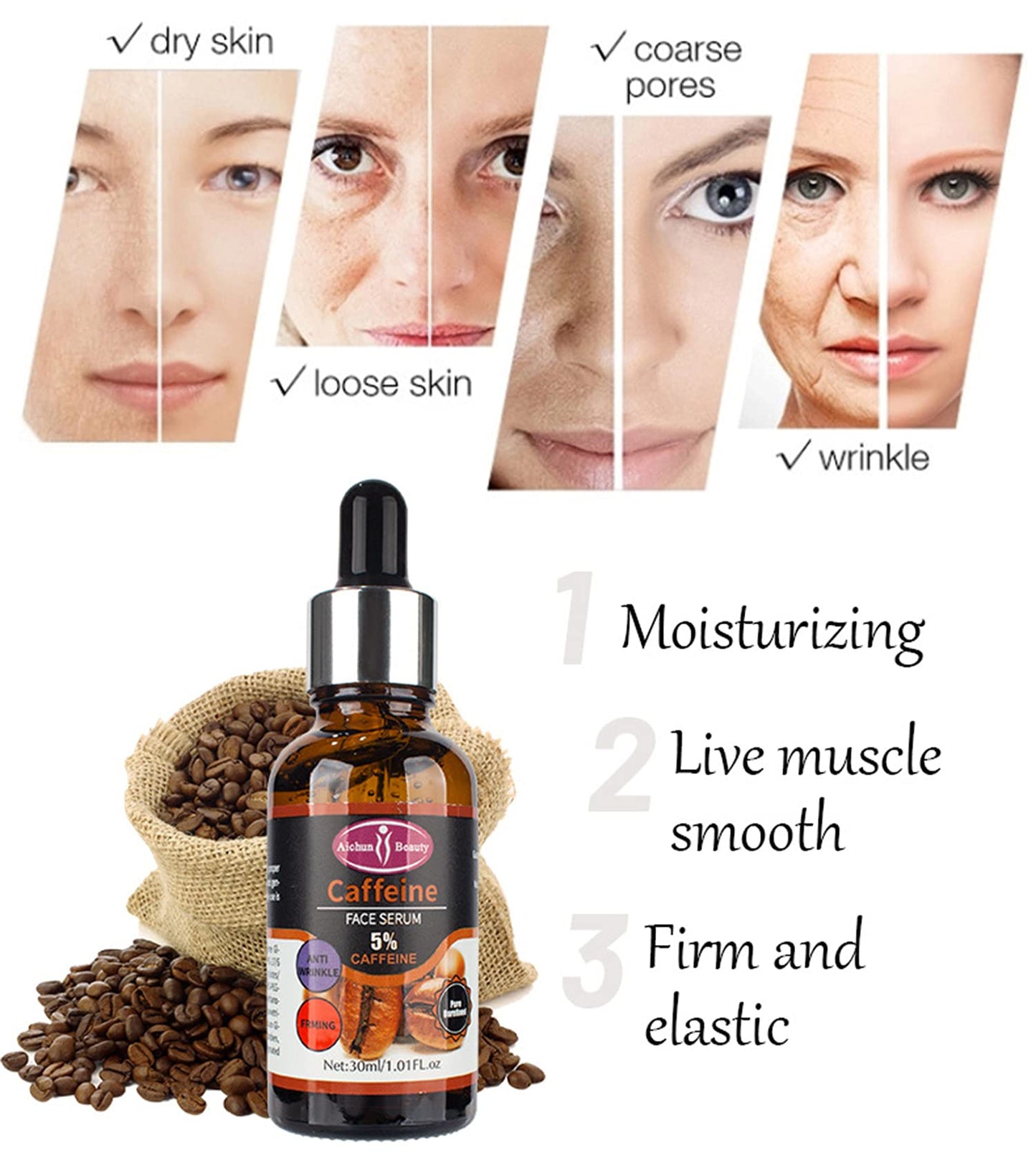 Aichun Beauty 5% Caffeine Face Serum Moisturizing Anti-Wrinkle Firming Facial Repair Damaged Skin Care 30ml